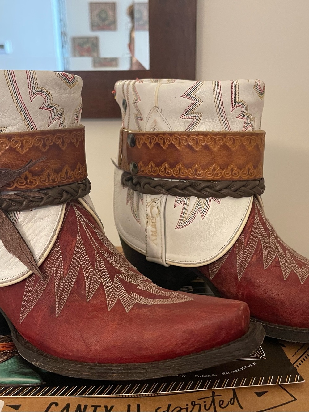 Old Gringo Red and White Leather Western Ankle Boots by Canty Boots
